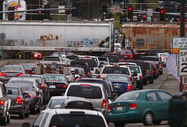 Dan Bates / The HeraldEastbound Marysville traffic, coming off I-5 from both northbound and southbound ramps, jams up at the Fourth Street train crossing April 9.