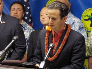 (Oskar Garcia/AP) - U.S. Sen. Brian Schatz speaks at a news conference accepting an endorsement from the State of Hawaii Organization of Police Officers union in Honolulu on Friday, May 3, 2013. Schatz introduced legislation Thursday to reauthorize the construction of a Native American veterans memorial on the Mall.