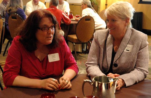 Kirk BoxleitnerTerri Kaltenbach, left, speaks at the June 18 Marysville School District strategic leadership transitioning meeting also attended by incoming Superintendent Dr. Becky Berg, right. 