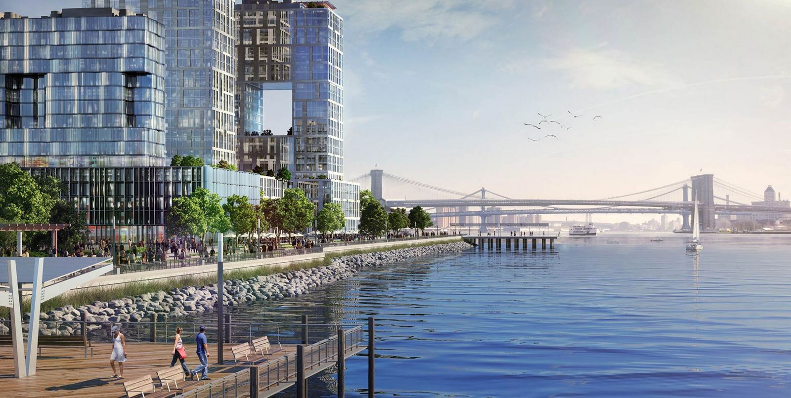 Associated PressThis artist rendering shows a proposed "Seaport City" neighborhood to be built just south of the Brooklyn Bridge that could act as a buffer against flooding in lower Manhattan.