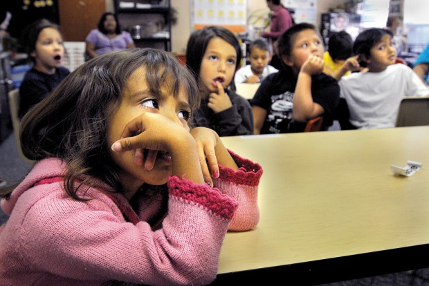 Students at the Nkwusm Salish Immersion School in Arlee concentrate last week during language lessons. The school, founded by four non-Salish speakers to keep the language alive, is 10 years old this fall.