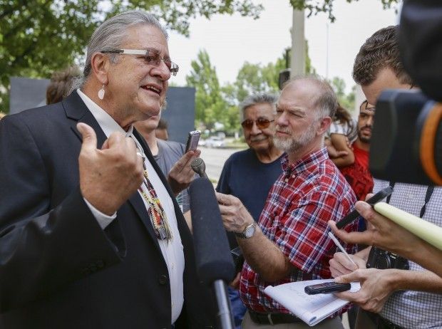 Bryan Brewer, president of South Dakota's Oglala Sioux Tribe, speaks Monday after meeting with Gov. Dave Heineman to discuss his concerns about alcohol sales in the Nebraska town of Whiteclay that borders South Dakota's Pine Ridge Indian Reservation.NATI HARNIK/The Associated Press