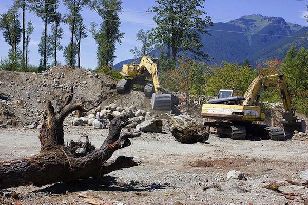 Northwest Indian Fisheries CommissionA dike is removed from Illabot Creek to restore its historic channel, one of several initiatives under way by Northwest tribes to bring back salmon habitat. This effort is by the Swinomish and Sauk-Suiattle tribes under the auspices of the Skagit River System Cooperative.