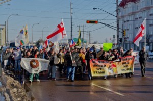 January 9, 2013. The Idle No More protests reach Moncton (Canada), as about 200 people march on City Hall in support of First Nations rights. Photo: Stephen Downes / Flickr
