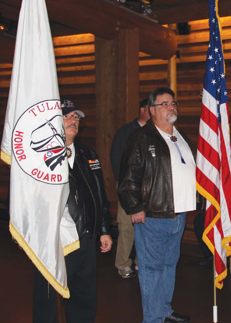 Brothers Tony and Mike Gobin of the Tulalip Honor Guard present the colors at the Veterans Luncheon.Photo: Andrew Gobin, Tulalip News