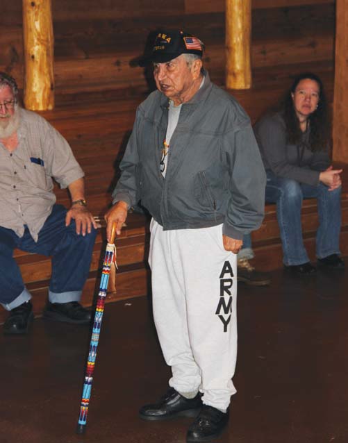 Tulalip Tribal veteran Ray Moses telling war stories at the healing ceremony.Photo: Andrew Gobin, Tulalip News