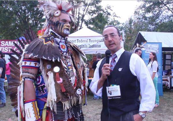  Vincent Schilling is seen here with Keith Anderson, Men’s Traditional dancer, Cherokee and Catawba.