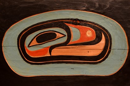 Darrell Sapp/Post-GazetteOne of the painted "trappings" on the Raven portion of the totem pole Tommy Joseph has been commissioned to carve for the Carnegie Museum of Natural History.