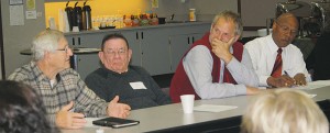 Christopher AnderssonFormer Marysville mayor Dennis Kendall (left) makes a point as state senator John McCoy, state representative Hans Dunshee and Snohomish County Executive John Lovick listen during the Marysville School District's forum on Jan. 6.