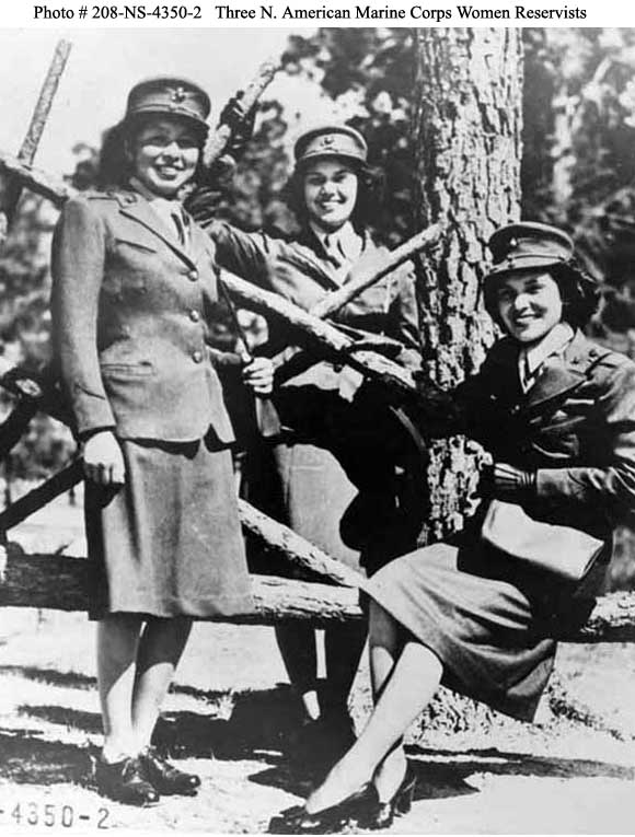 The Native American Marine Corps Women Reservists are pictured at Camp Lejeune, North Carolina on October 16, 1943. Pictured, from left, are: Minnie Spotted Wolf (Blackfoot Tribe), Celia Mix (Potawatomi Tribe), and Viola Eastman (Chippewa Tribe). (Courtesy U.S. Marine Corps)