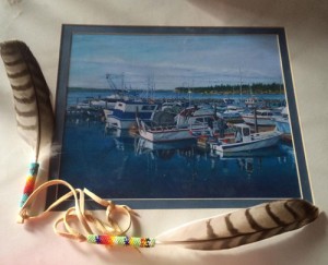 A painting of the Tulalip Marina by Tulalip tribal artist Sam Davis will be one of the raffle items during the Tulalip Inter-tribal jam session to raise money for victims of the Oso mudslide. Photo courtesy, Natosha Gobin