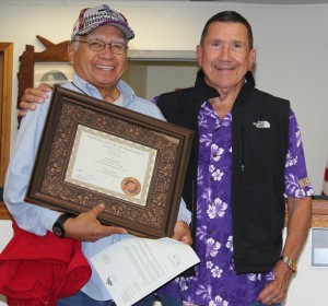 Elder’s Panel volunteer Hank Williams with Tulalip Tribes Tribal Court Judge Gary Bass, Friday, Oct. 17, 2014, at the Tulalip Tribes Tribal Court. Williams along with other panel volunteers were honored during a special recognition ceremony hosted by the court. (Tulalip News Photo/ Brandi N. Montreuil) 