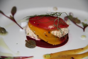 The Amuse Bouche by Chef Gerry Schultz was a beet carpaccio ravioli, smoked chicken and fennel mustard vinaigrette paired with Shramsberg Vineyards J. Schram Brut, North Coast California 2004.