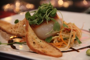 Salad by Chef John Ponticelli was a seared scallop with green papaya slaw, micro asian mallow, golden edamame shoots with ginger lime vinaigrette and aged balsamic. it was paired with Alleromb Winery Sauvignon Blanc, Columbia Valley, Washington 2012.