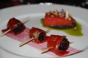 To Sous Vide by Chef David Buchanan was a blackberry sockeye salmon lox popsicle and salmon sous vide over toasted hazelnut pesto. It was paired with Kosta Browne Russian River Pinot Noir, California 2012. 