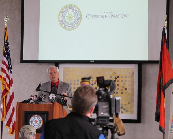 Cherokee Nation Principal Chief Bill John Baker announces a copy00 million investment in the tribe's health care system. (Cherokee Nation) 