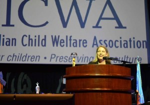 Cherokee Nation Assistant Attorney General Chrissi Nimmo speaks at the April 8 press conference concerning the case Adoptive Couple v. Baby Girl at Hard Rock Hotel and Casino Tulsa. (NICWA)