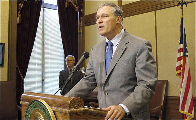 Gov. Jay Inslee speaks to reporters during his first news conference as governor on Thursday, Jan. 17, 2013 in Olympia, Wash. (AP Photo/Rachel La Corte)