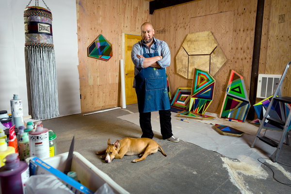 Jeffrey Gibson in his studio in Hudson, N.Y., with his dog, Stein-Olaf.Peter Mauney