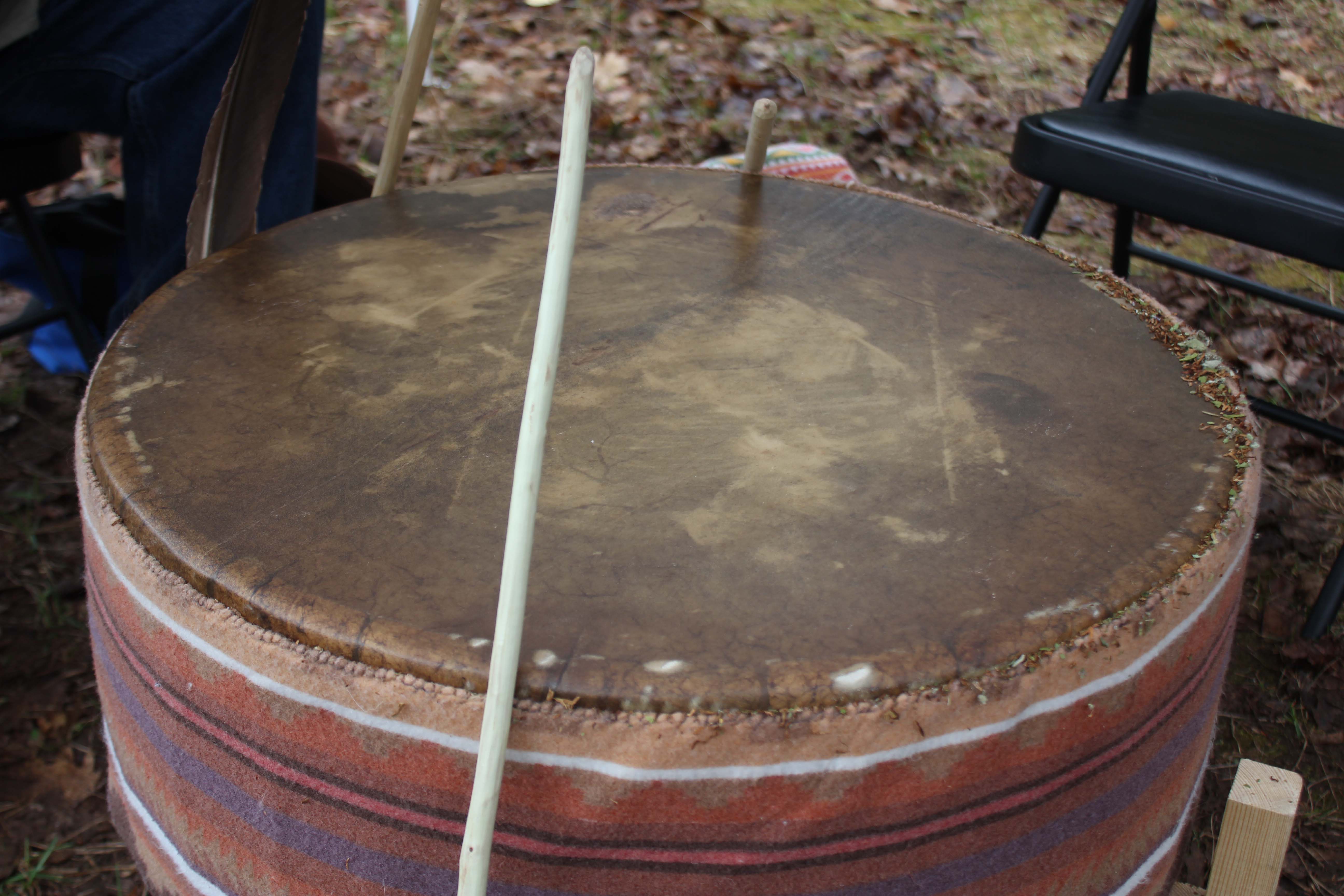 A ceremonial drum, made of elk skin and maple. Inspired by a dream had by Bad River Tribal Elder Bing Lemieux and Red Cliff Tribal Elder and Legend Teller Tony DePerry.Credit Rich Kremer / WPR News