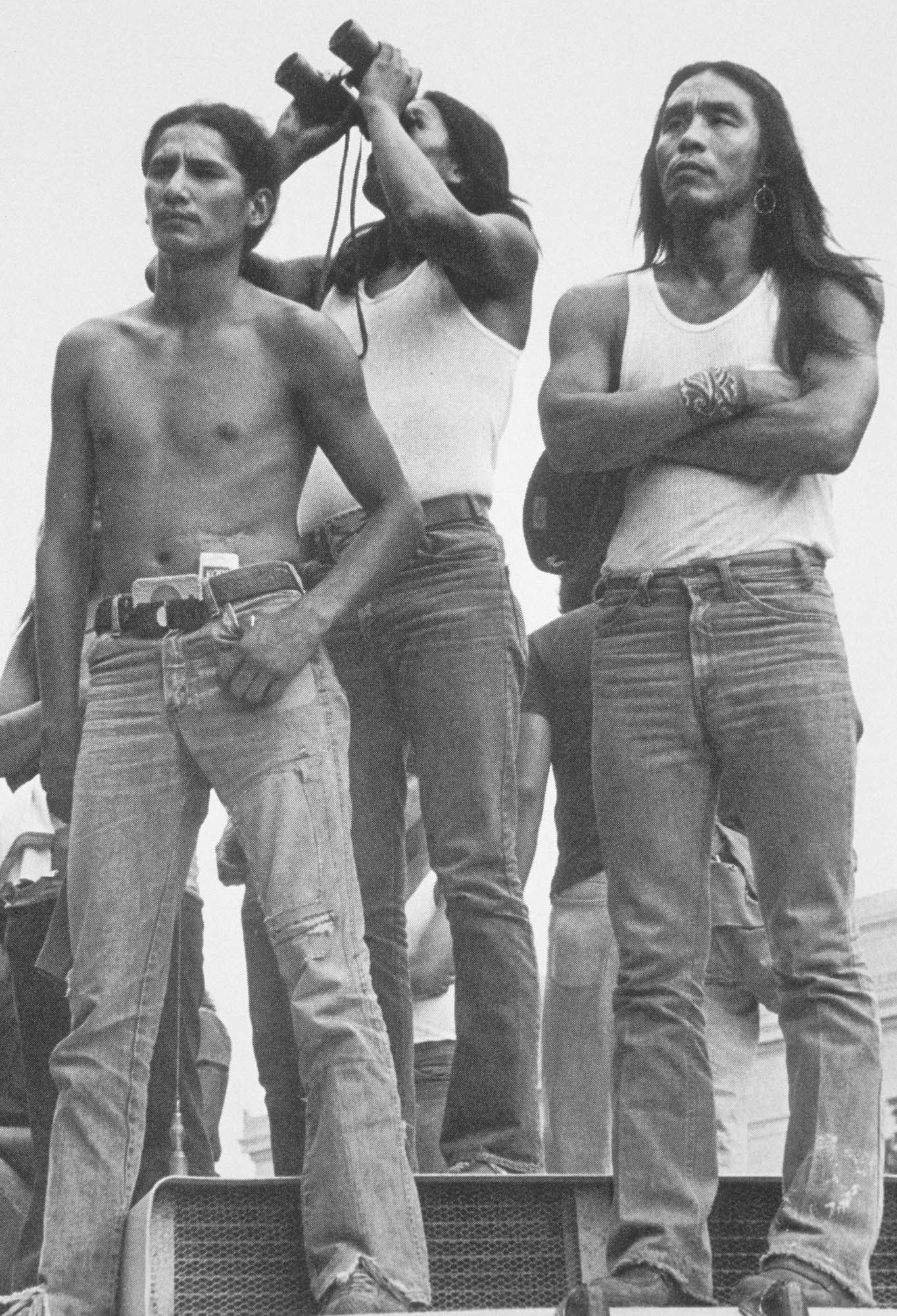 Stacy LaBlanc, John Blue Bird and Tom LaBlanc in front of the FBI building in Washington, D.C., in 1978 during the Longest Walk, a cross-country protest march.