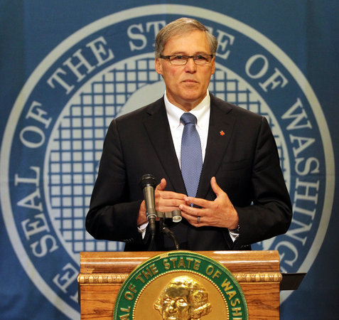 Gov. Jay Inslee chided the state Senate, which is controlled by a mostly Republican coalition, for what he called its budget intransigence in a Monday news conference. He urged the chamber to move toward meeting the proposal put forward by the state House, which is controlled by members of Inslee’s party. (STEVE BLOOM/Staff photographer)