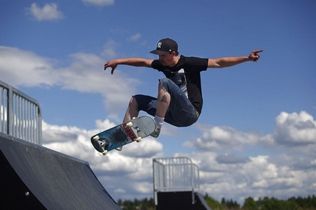 Mark Mulligan / The HeraldTerrance Patterson, 22, of Stanwood, skates off of the new ramps recently installed in the skatepark at Heritage Park in Stanwood on Tuesday afternoon.