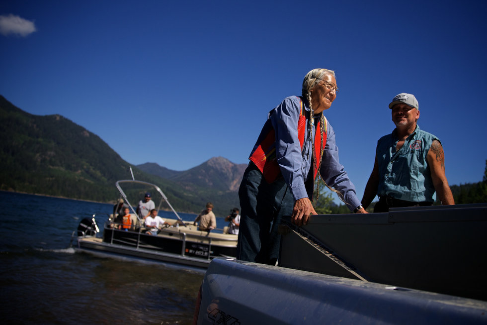 LAKE CLE ELUM, WASHINGTON - Jun. 13, 2013 - Tribal elder Russell Jim smiles after releasing pulling the lever that released sockeye salmon into the lake during a ceremony Wednesday, July 10, 2013, to mark the first return of sockeye salmon to Lake Cle Elum in 100 years. Sockeye salmon were reintroduced to the lake in 2009 by the Yakama Nation and the fish released today are the first of those salmon to return to the lake. Thomas Boyd/The Oregonian 
