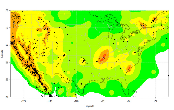 Earthquakes equal to or bigger than magnitude 3.0 in the United States between 2009 and 2012. The background colors indicating earthquake risk are from the U.S. National Seismic Hazard Map.CREDIT: Science/AAAS