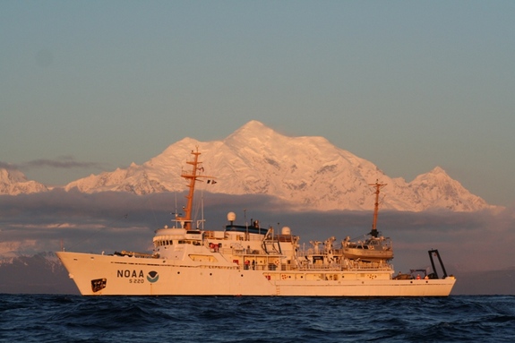 NOAA Ship Fairweather in the Gulf of Alaska with namesake Mt. Fairweather.Credit: NOAA