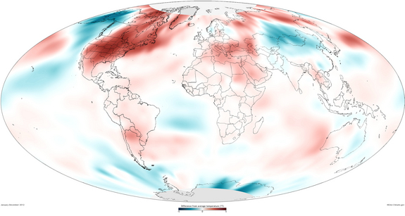 Surface temperatures in 2012 compared with the 1981 to 2010 average.Credit: NOAA map by Dan Pisut, NOAA Environmental Visualization Lab