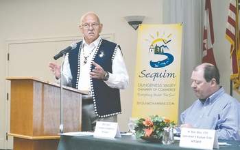Joe Smillie/Peninsula Daily News Ron Allen, chairman of the Jamestown S’Klallam tribe, speaks about the tribe’s self-reliant policies to the Sequim-Dungeness Valley Chamber of Commerce on Tuesday. 