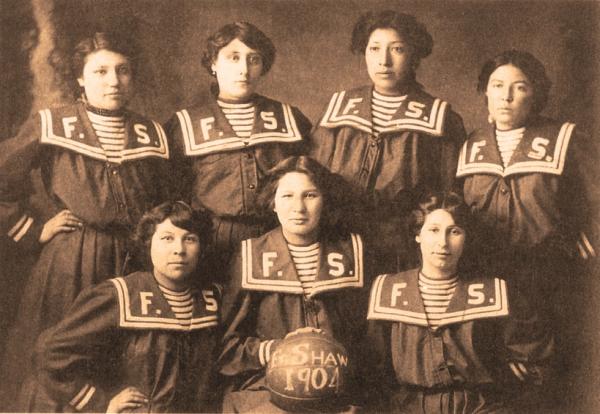 Montana State University News ServiceSome of the women from the 1904 Fort Shaw basketball team. Pictured in the front row, are Genie Butch, Belle Johnson, and Emma Sansaver. In the back row, from left, are Nettie Wirth, Katie Snell, Minnie Burton and Sarah Mitchell.