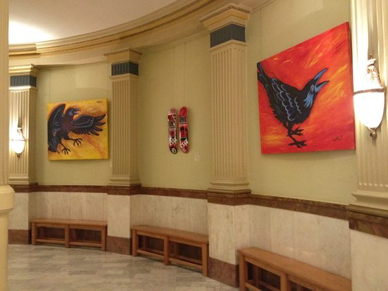Deana Spinuzzi MillerWalt Pourier's skateboard decks and other artwork, hanging in the State Capitol's