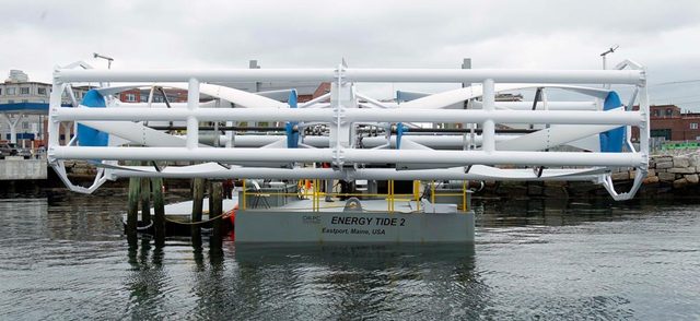 In this June 13, 2011 file photo, the Energy Tide 2, the largest tidal energy turbine ever deployed in the U.S., appears on a barge in Portland, Maine. Scientists at the University of Washington have determined that Admiralty Inlet, in Puget Sound, is an excellent place to test tidal turbines. (AP Photo/File)