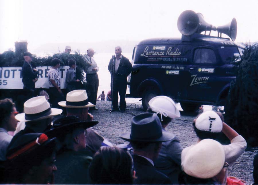 This photo was taken in Mukilteo during the 1955 celebration of the 100th anniversay of the signing of the Point Elliott Treaty by Tulalip Church of God Pastor B. Adam Williams. 
