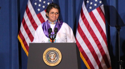Diane Millich, Southern Ute, shared her story of surviving domestic violence, at the signing of the reauthorization of the Violence Against Women Act on March 7, 2013. Photo from National Congress of American Indians