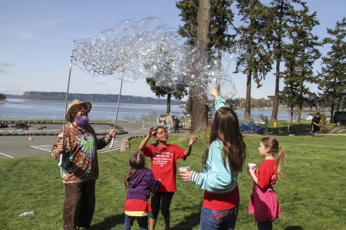 The Don Hatch Youth Center ribbon cutting ceremony, held on April 7, 2014, included a packed day of fun activities for Tulalip youth, including a visit from the Bubble Man, Garry Golightly. Photo/ Brandi N. Montreuil, Tulalip News