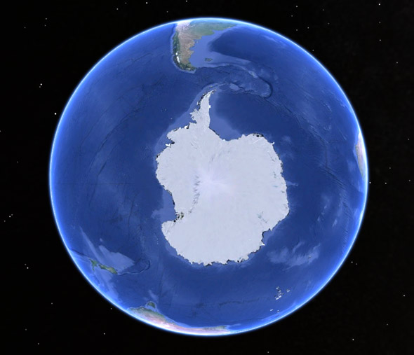 The vast majority of the Southern Hemisphere is water. This is more obvious when you look down from over the South Pole.Photo by Google Earth