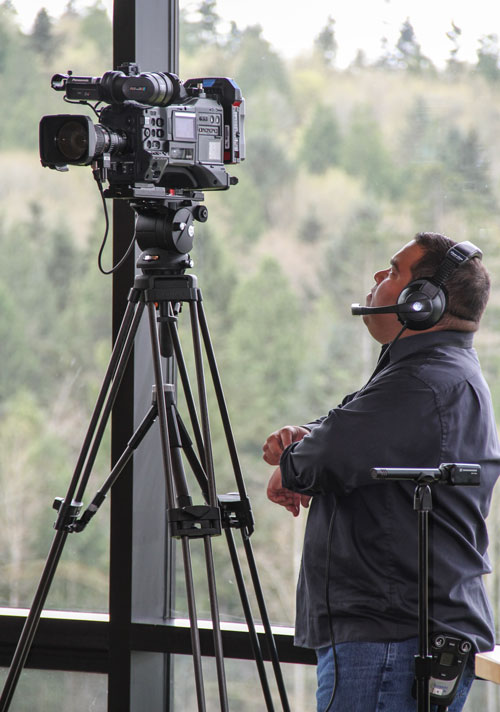 Mike Sarich, Tulalip TV Associate Producer checks camera placement during test set up for first live broadcast of Tulalip board member swearing in on April 5.Photo/ Brandi N. Montreuil, Tulalip News