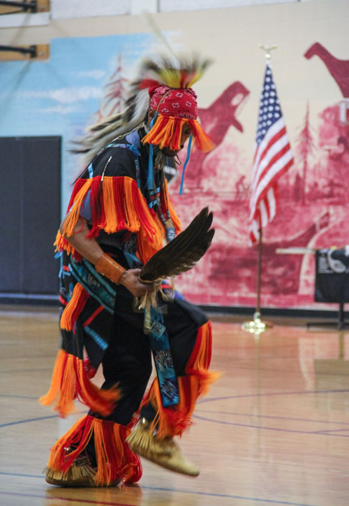 Traditional Southern Grass dancer Jeff Brown danced for visiting veterans during the Welcome Home Vietnam Veterans Day.Photo/ Brandi N. Montreuil, Tulalip News