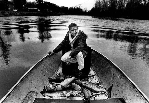 Ann Yow / The Seattle Times, 1983Billy Frank Jr. is shown on the Nisqually River in 1983 when he was chairman of the Northwest Indian Fisheries Commission, a position he held for more than 30 years.