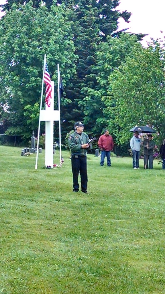 Tulalip Vietnam veteran and Memorial Day master of ceremonies, Mel Sheldon Jr. At times throughout each service, Sheldon spoke of his time as an Army Helicopter Pilot, remembering many peers that never made it home. Photo: Andrew Gobin/Tulalip News