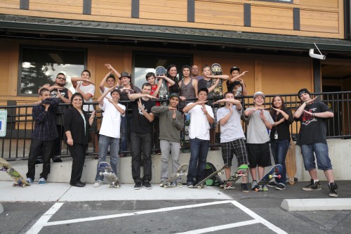 Tulalip skateboarders gather after a meeting held on May 15, with Seattle's Grindline lead designer Micah Shapiro, on design ideas for new Tulalip skatepark. Photo/ Brandi N. Montreuil, Tulalip News