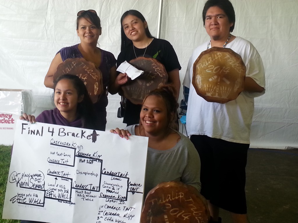 2.1st place $25 thousand winners,  Candace Tait and team from Lummi. Commemorative drums made by Cy Fryberg Sr. He donated enough custom drums to be given to the members of each winning team.Photo: Nessie Hatch-Anderson