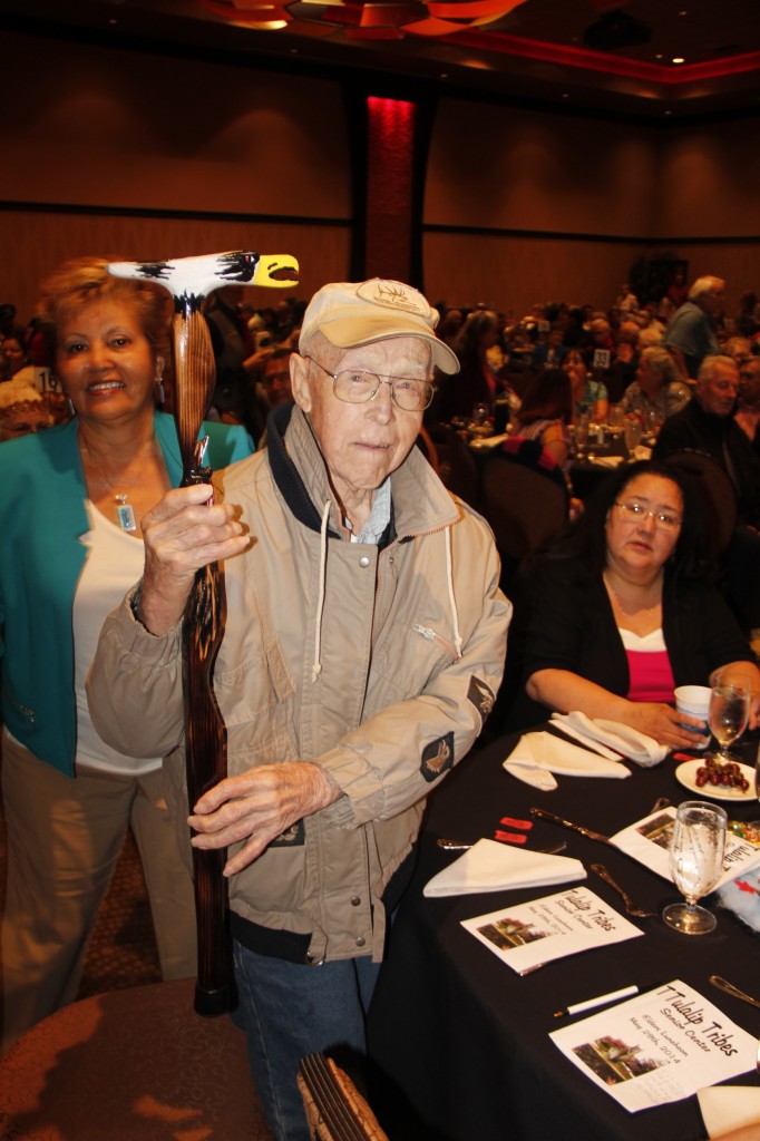 Mickey Walker of Kingman Arizona was the eldest visiting man at 97. Honored with a blanket and walking stick.Photo: Andrew Gobin/Tulalip News