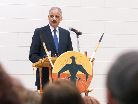 U.S. Attorney General Eric Holder delivers his keynote address at a tribal conference on the campus of United Tribes Technical College in Bismarck, N.D., on Thursday. Holder announced Monday he is recommending ways to increase voting access for Native Americans and Alaska Natives. (Photo: AP Photo/Kevin Cederstrom )