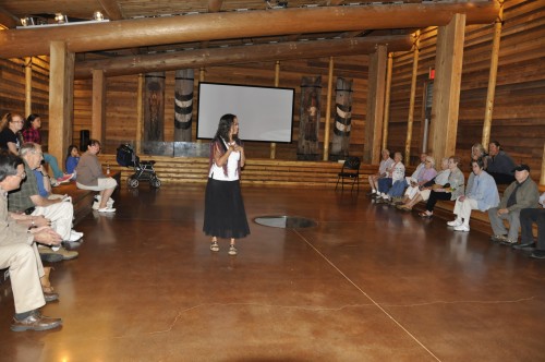 Lois Landgrebe tells the story of "Beaver and the Field Mouse," to a large crowd in the Hibulb Cultural Center longhousePhoto/ Brandi N. Montreuil, Tulalip News