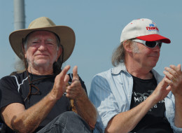 Willie Nelson and Neil Young at the Farm Aid Press Conference  held at Randall's Island in NYC on September 9, 2007.