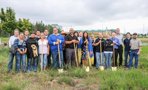Members of Tulalip Tribes Board of Directors and Quil Ceda Village planning staff joined Panera Bread's Seattle region representative Jayson Levich, for a groundbreaking ceremony on August 14, for the new Panera Bread restaurant opening in December 14. Photo/ Brandi N. Montreuil, Tulalip News